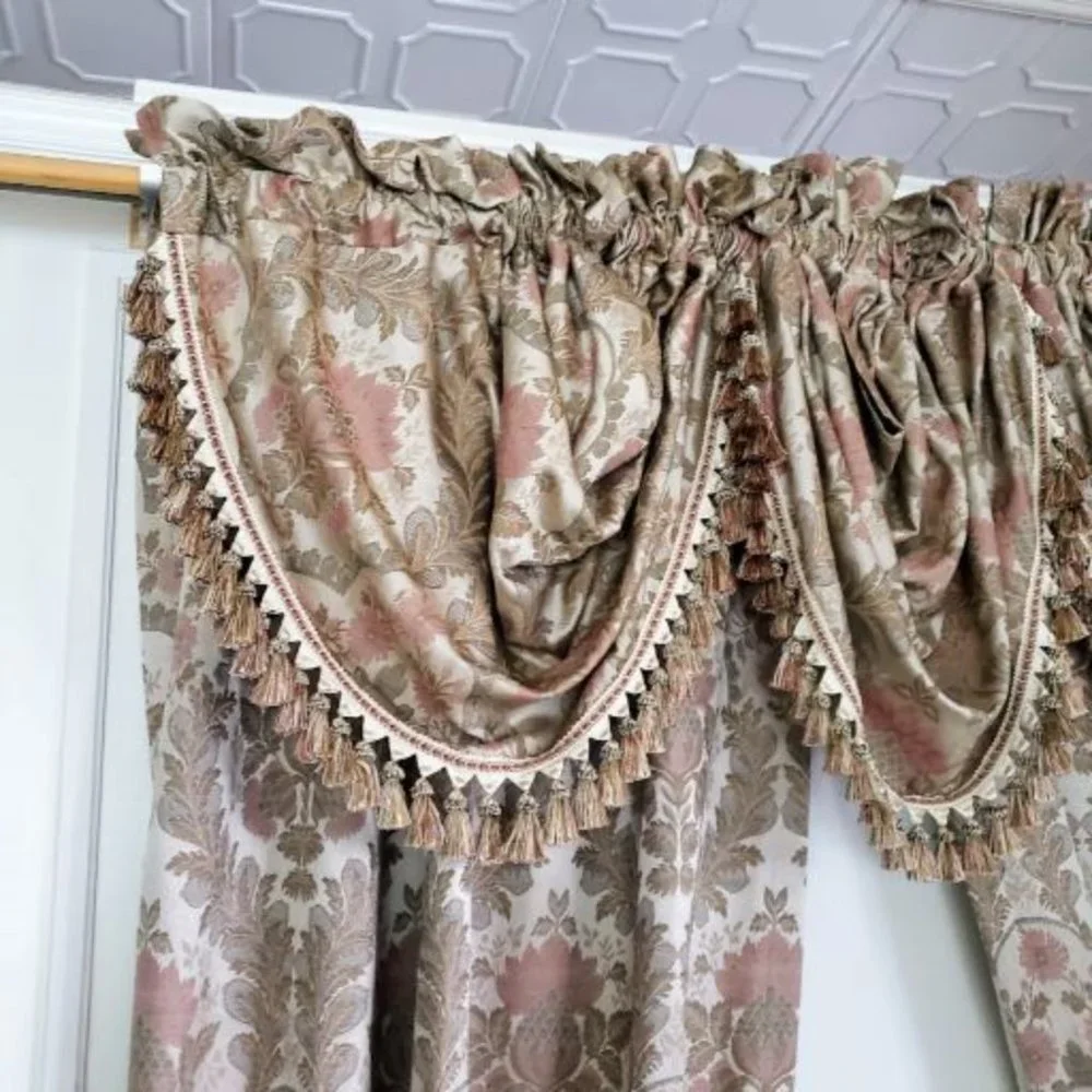JC Penney Drapes Waterfall Valances 100Wx85L Tan Floral Jacquard Lined Vtg 7pcs